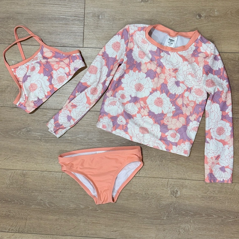 🎀 3/$30 🎀 OshKosh 4T Floral 3-Piece Swimsuit & Rashguard Set